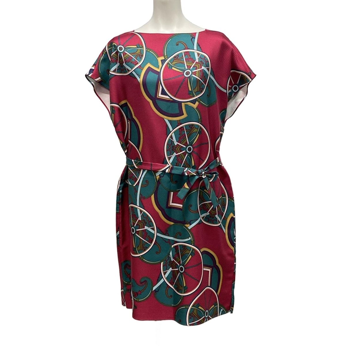 HERMES エルメス ワンピース サイズ40 M レディース - ピンク×ダークグリーン×マルチ クルーネック 半袖 ひざ丈 シルク シルク