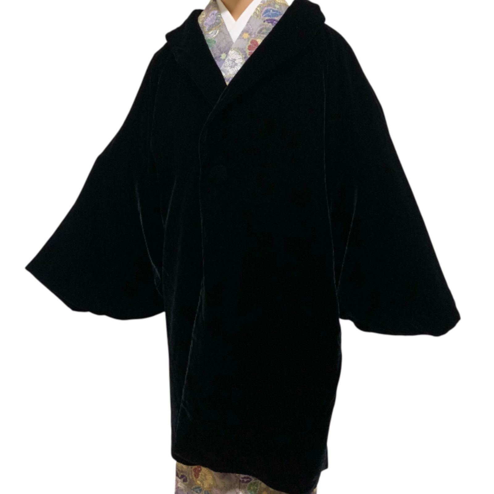 T 340 和装コート ベロア 黒 L 裄68センチ 身丈 背 86センチ レディース 冬用