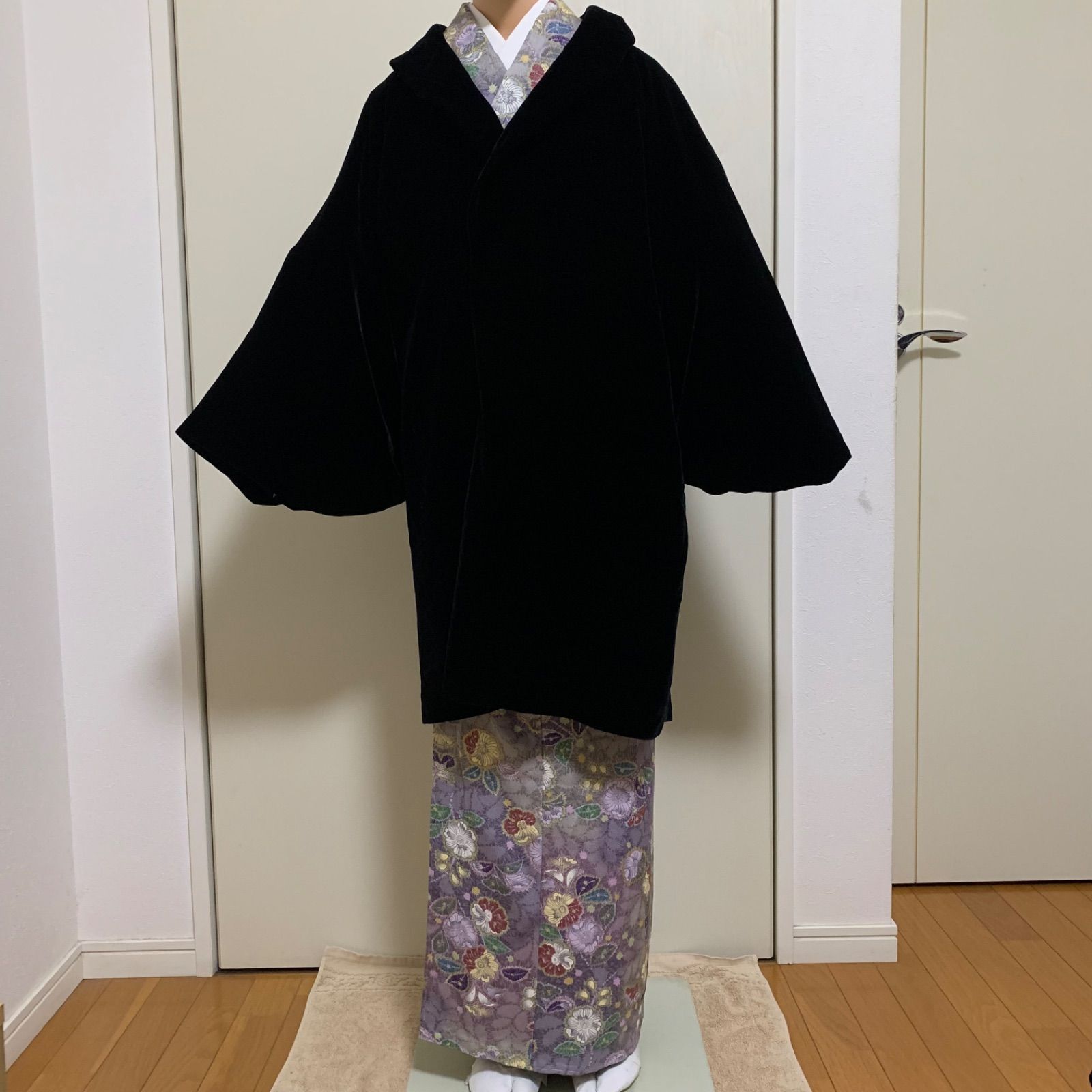 T-340 和装コート ベロア 黒 L 裄68センチ 身丈 背 86センチ レディース 冬用