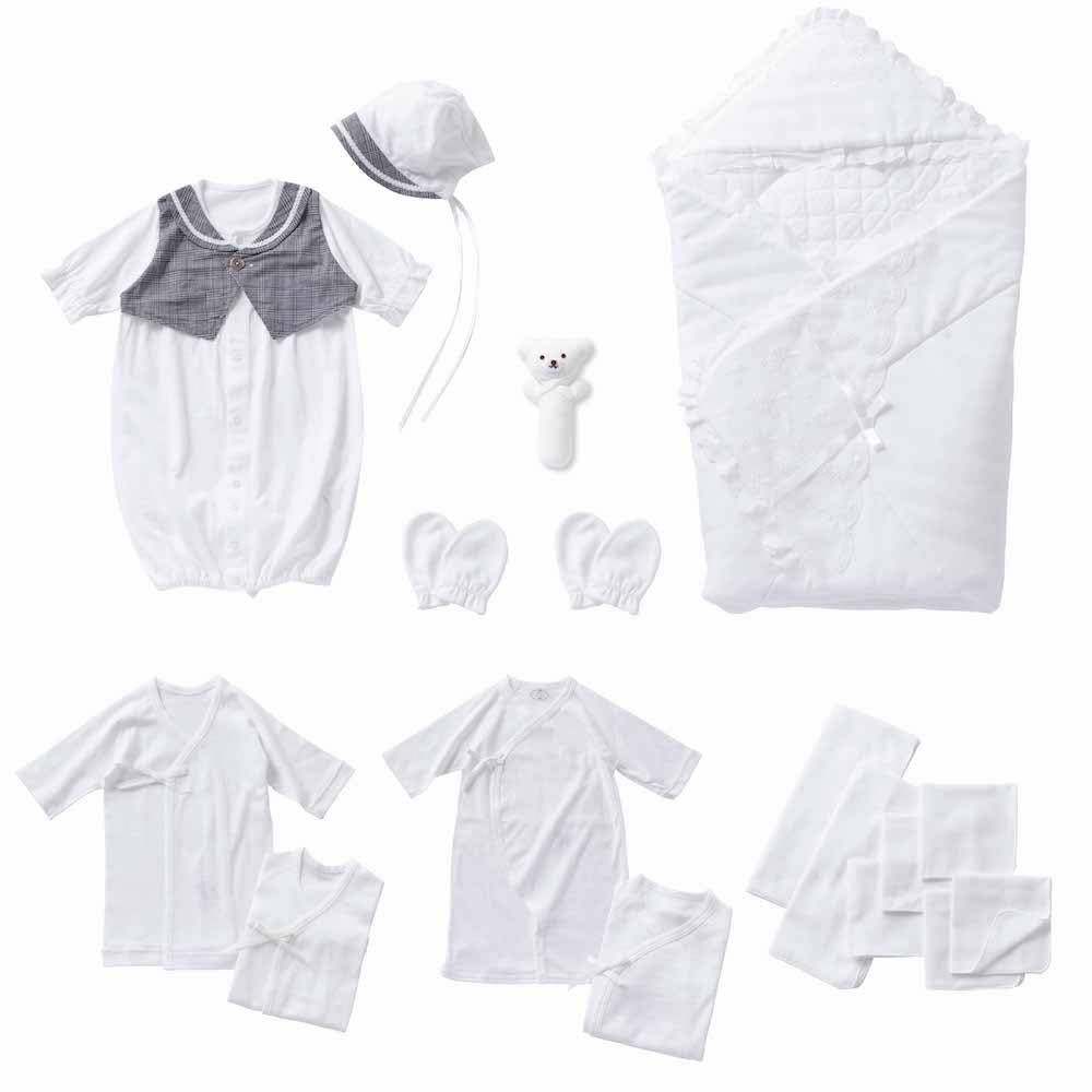 クリーム デ ココ タキシード 出産準備 17点 セット ツーウェイオール 帽子 アフガン ミトン ニギニギ バス ガーゼ ハンカチ 短肌着 ツーウェイ肌着 産後 ベビー 新生児 赤ちゃん ギフトセット オフホワイト 50-70 cm