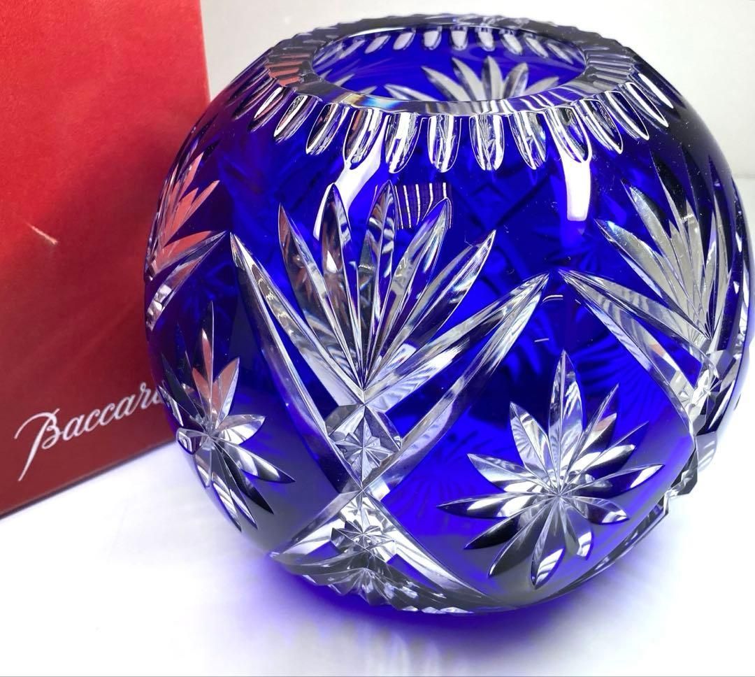 バカラ ライン 被せ青ガラス 切子花瓶 共箱 東Y 7-0220 1 Fトルコ