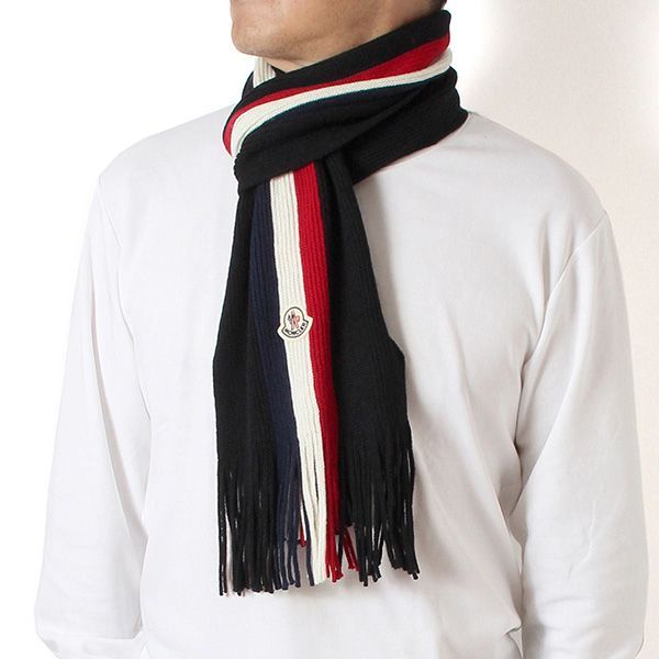 25AWモデル モンクレール MONCLER メンズ トリコロール ウールマフラー ブラック 3C00019 A9575 999 2025-26AW goods