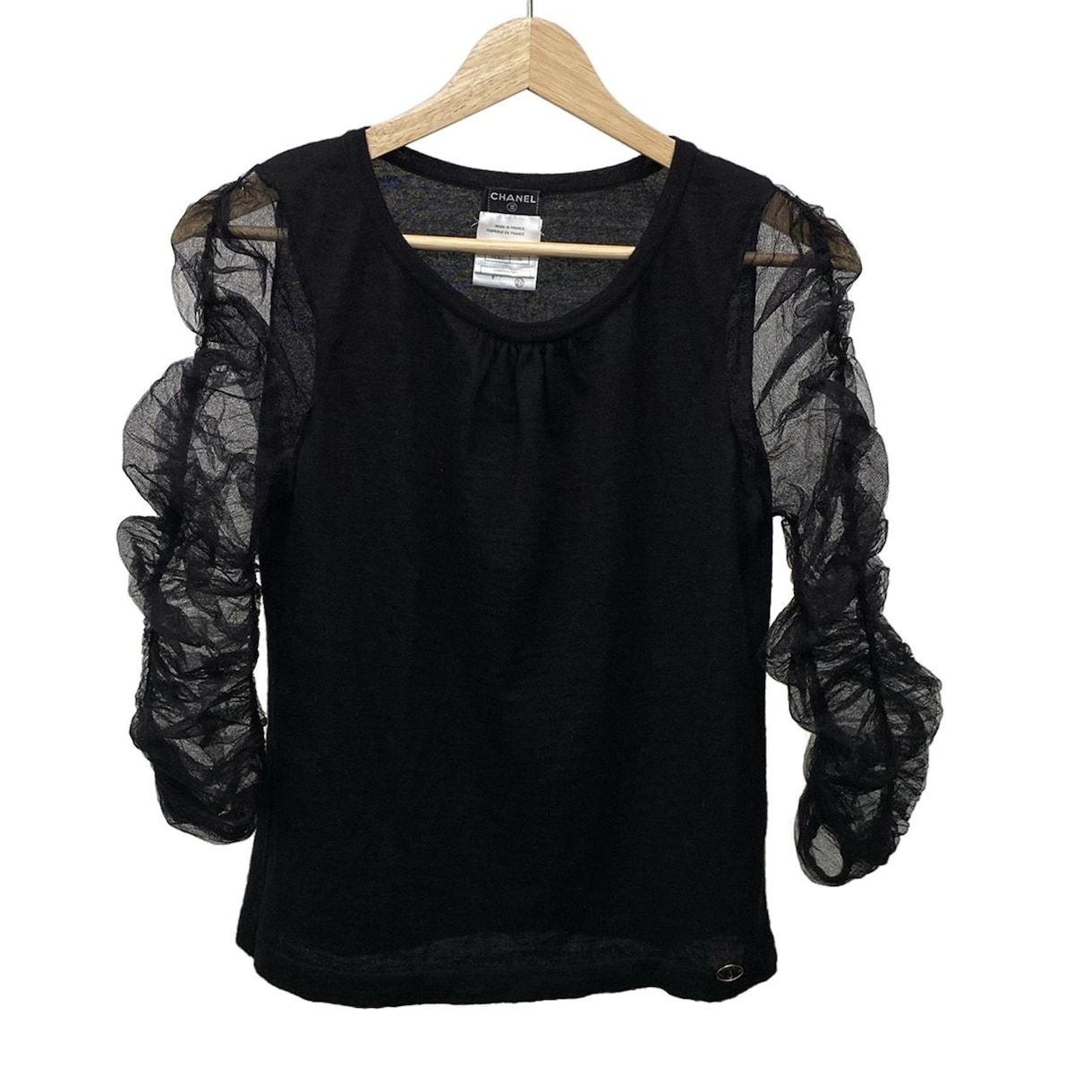 CHANEL シャネル 七分袖カットソー サイズ38 M レディース - P31871 黒 クルーネック カシミヤ シルク シースルー