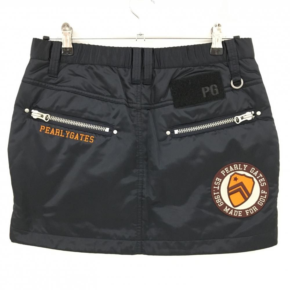 超 パーリーゲイツ 中綿スカート 黒×オレンジ ワッペン ティー装着可 レディース 2 L ゴルフウェア PEARLY GATES