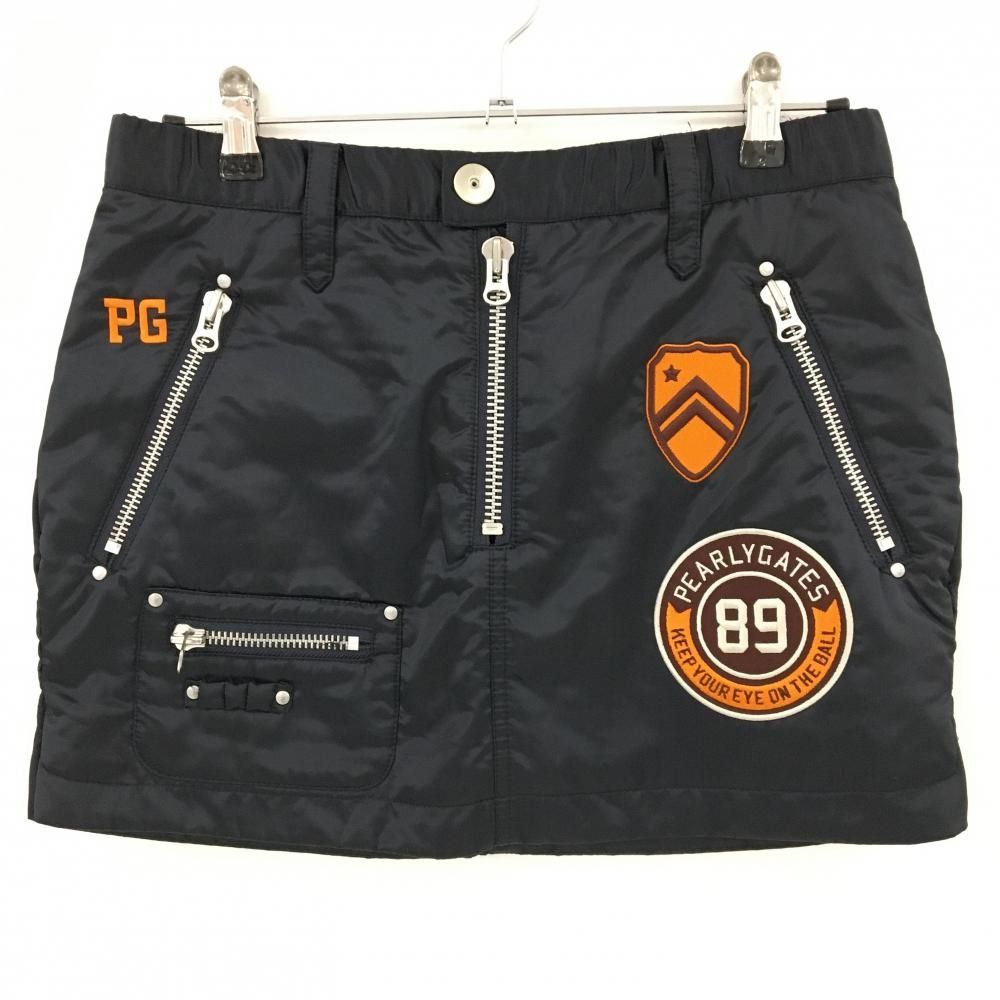 超 パーリーゲイツ 中綿スカート 黒×オレンジ ワッペン ティー装着可 レディース 2 L ゴルフウェア PEARLY GATES