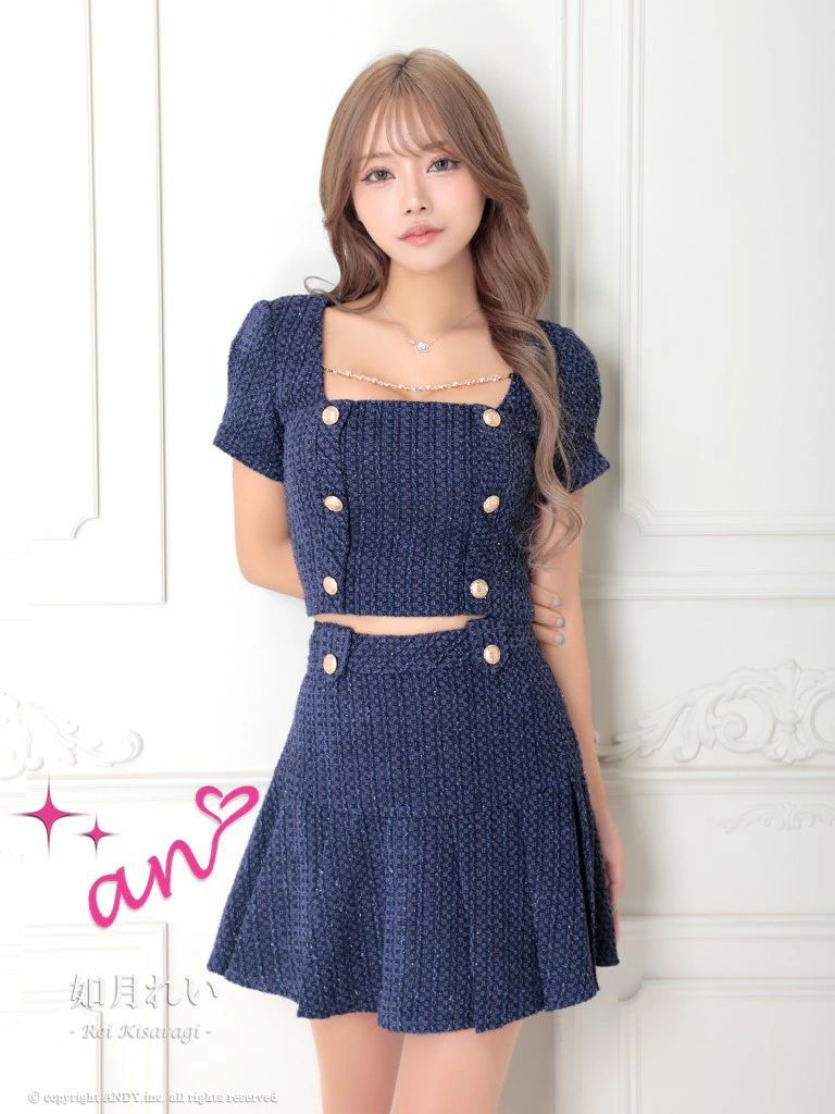ネイビー AOC-3757 AOC-3757 an アン ツイード ボタン 2WAY ビジューチェーン 半袖 フ セットアップ ミニドレス キャバドレス ワンピース ドレス