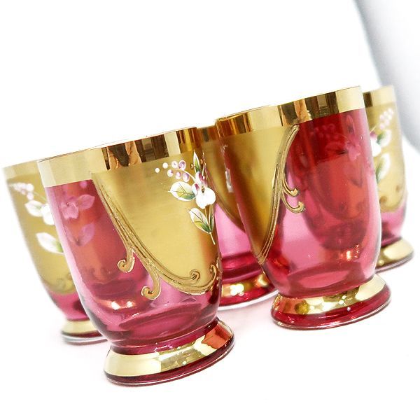 ベネチアングラス 赤と金のガラスグラス 花柄 赤色金色花柄ガラス