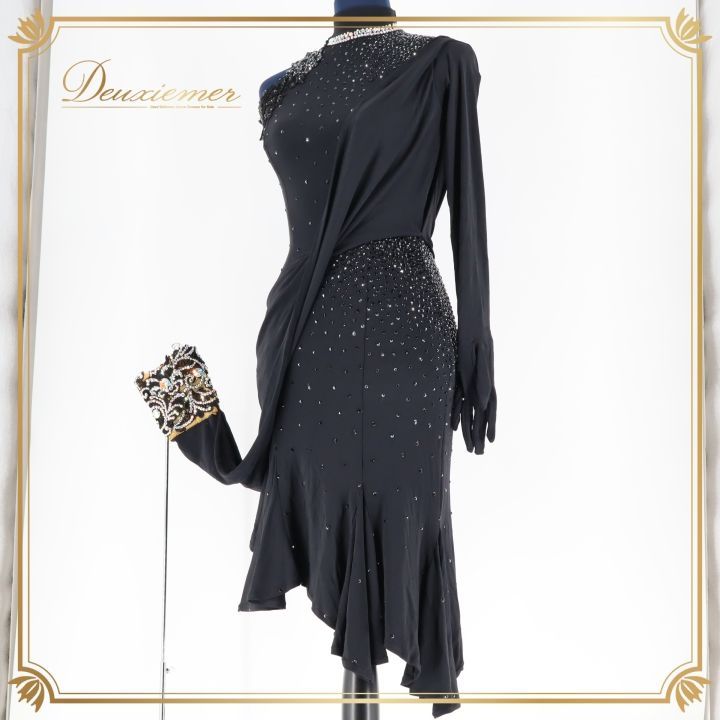 社交ダンス 衣装 ラテン ドレス ワンピース ラテンドレス HIROKO YAMAGUCHI ヒロコヤマグチ ブラック系 黒 デモ 競技 パーティ 発表会 おしゃれ デザイン レース フォーマル 競技会用 ステージ衣装 レディース 女性用 フィット感