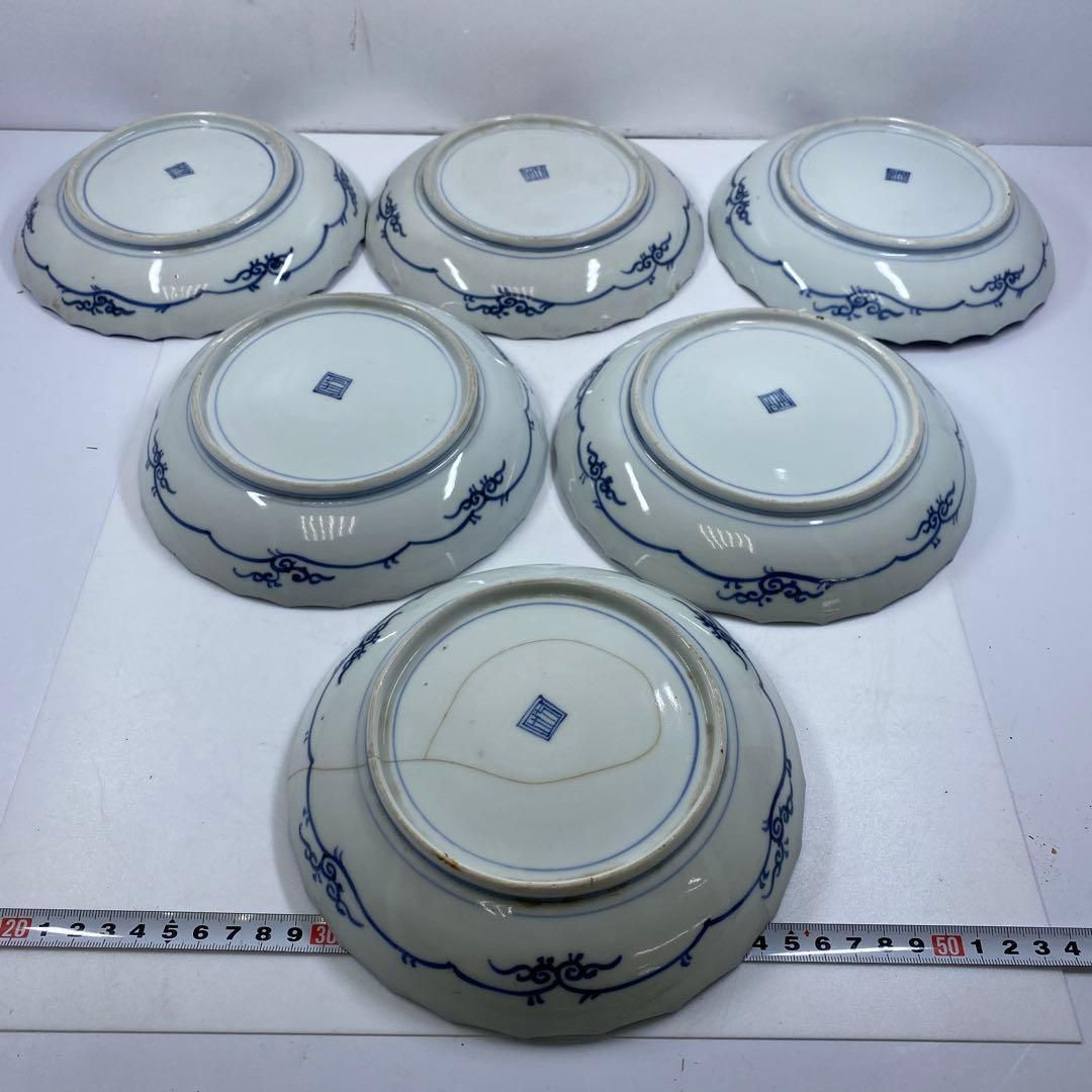 古伊万里　染付鳳凰文　中皿　6枚　直径18.2㎝　タトチ　東な7-0224☆2F 古伊万里 染付鳳凰文 中皿 6枚 直径18.2㎝ タトチ 東な