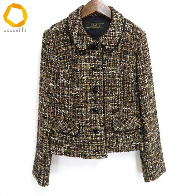 w レリアン Leilian ジャケット 11号 黒 ベージュ マルチ ツイード ウール混 毛混 レース レディース 954459 k01