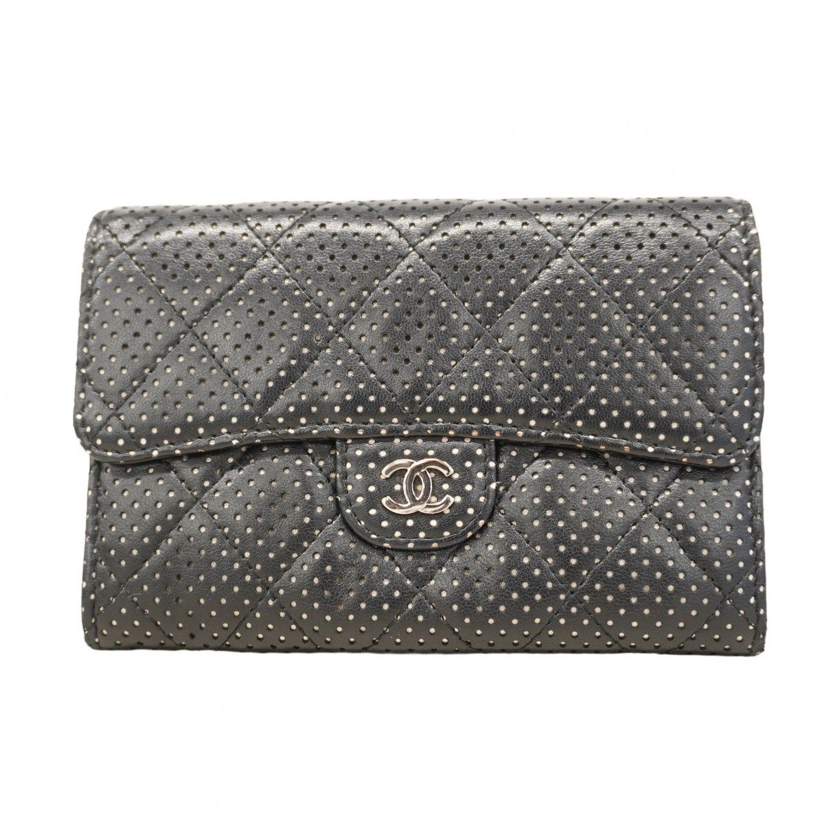 5ob0059-h シャネル コインケース マトラッセ パンチング ラムスキン ブラック シルバー金具 レディース