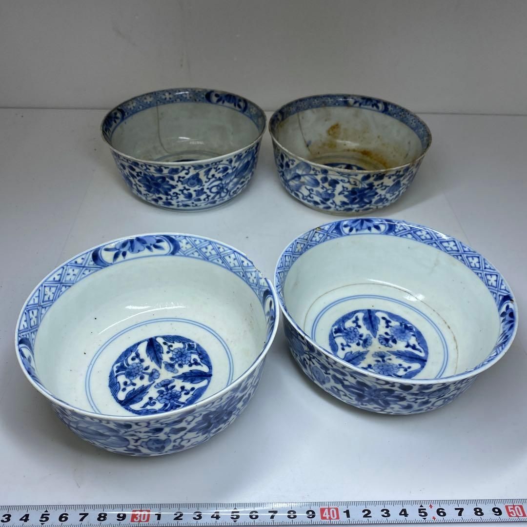 江戸中期 古伊万里 花唐草 鉢 4客 直径15.2㎝ タトヒサ東な7-0224⑤