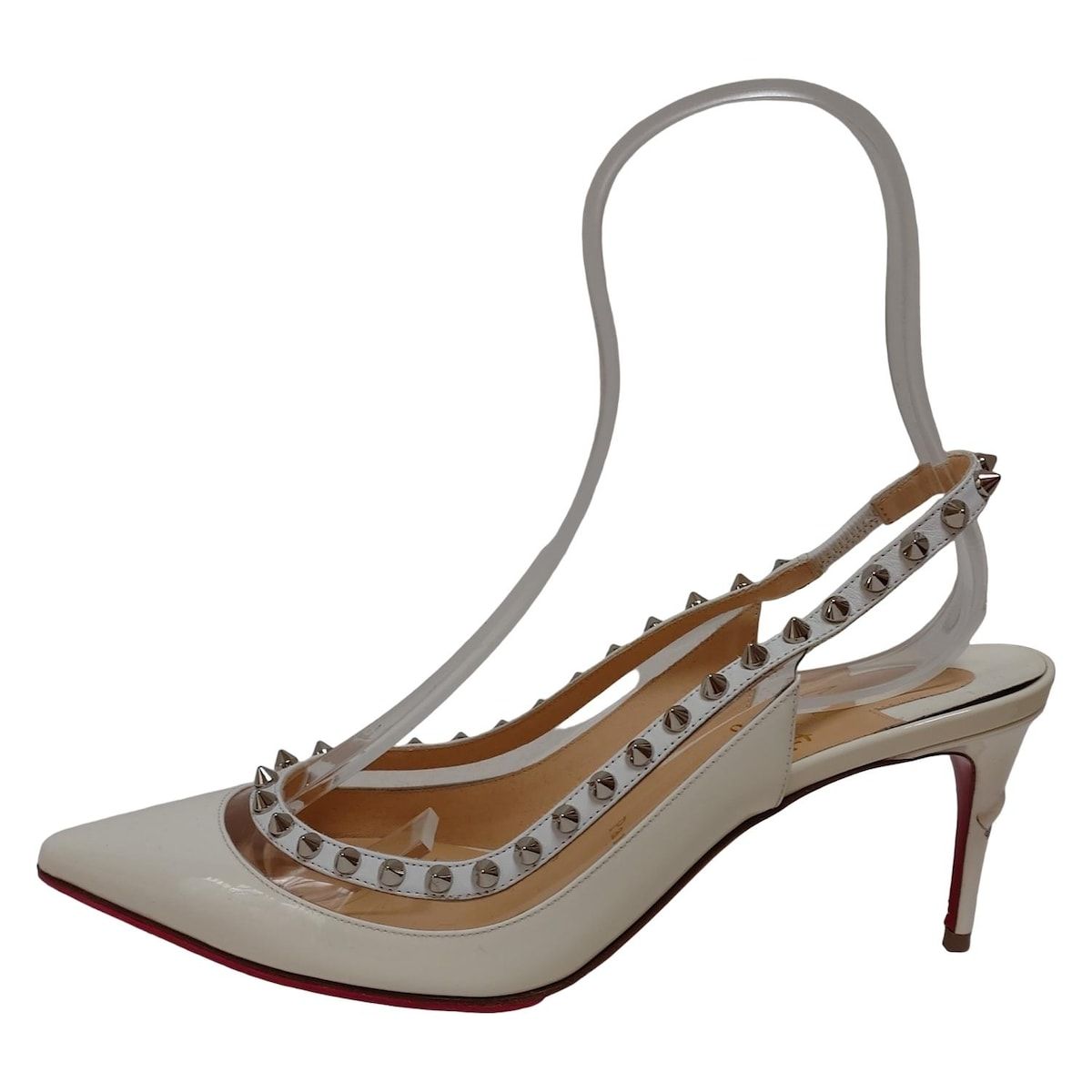 クリスチャンルブタン サンダル 38 レディース 白 スタッズ スリングバック ポインテッドトゥ アウトソール張替済 レザー