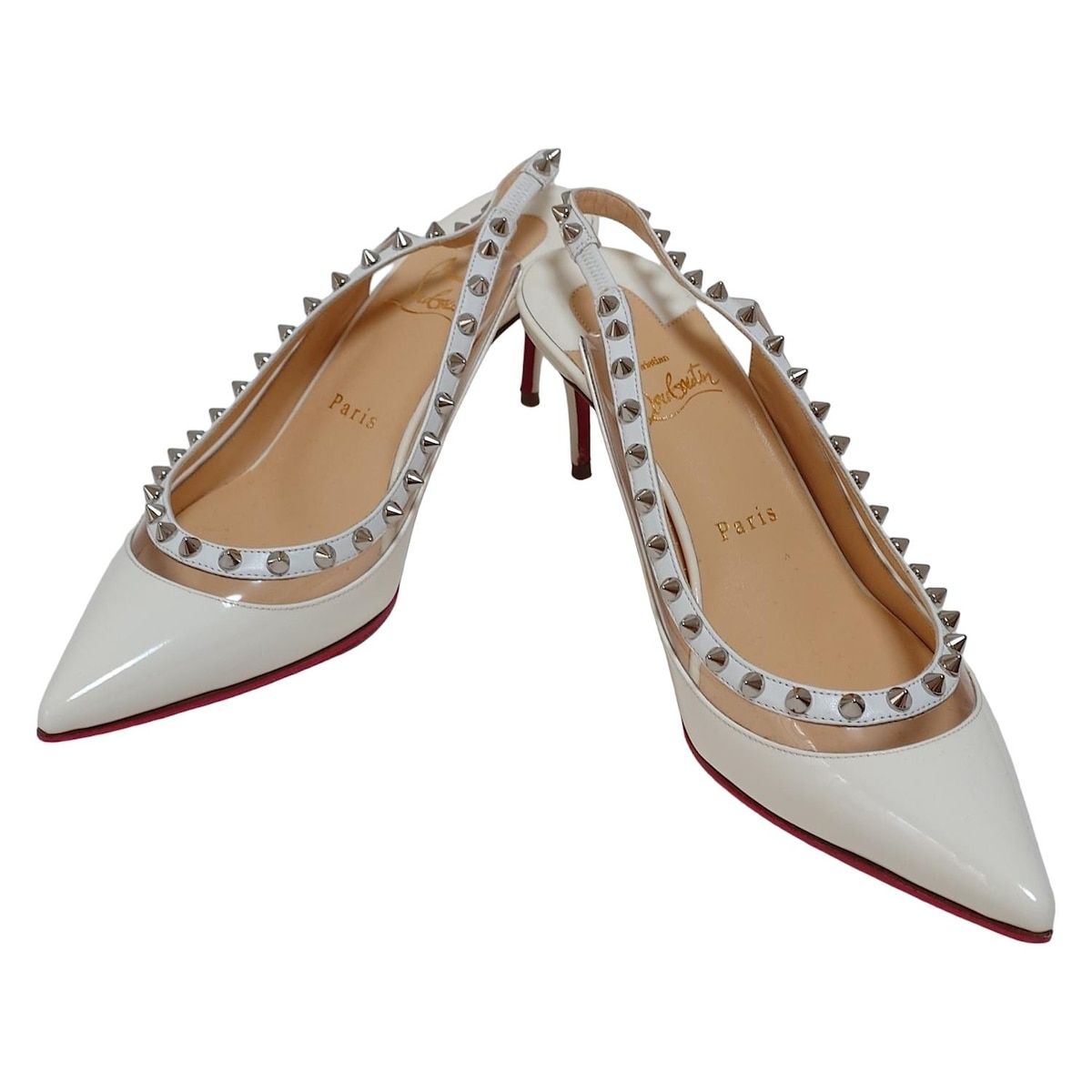 クリスチャンルブタン サンダル 38 レディース 白 スタッズ スリングバック ポインテッドトゥ アウトソール張替済 レザー