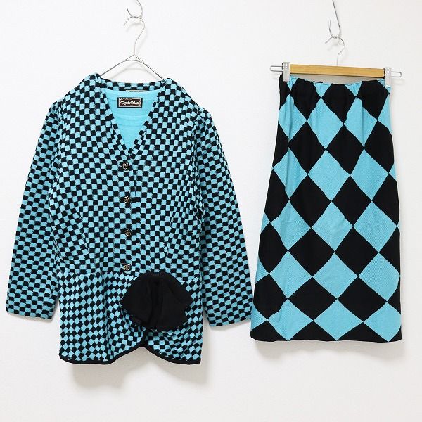 サイトウトヨコ 斉藤都世子 セットアップ 3点セット ニット カーディガン トップス スカート 格子柄 リボン x 976431 n