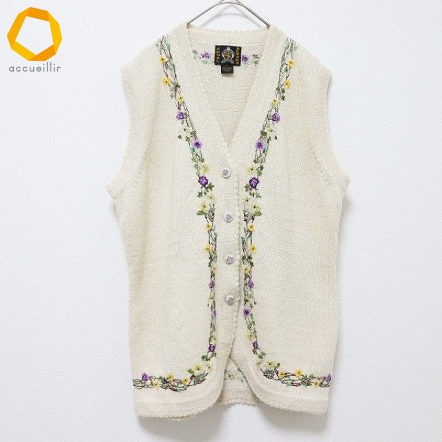 ロイヤルアルパカ ROYAL ALPACA アルパカ ニット ベスト ジレ トップス 花 刺繍 x977436n