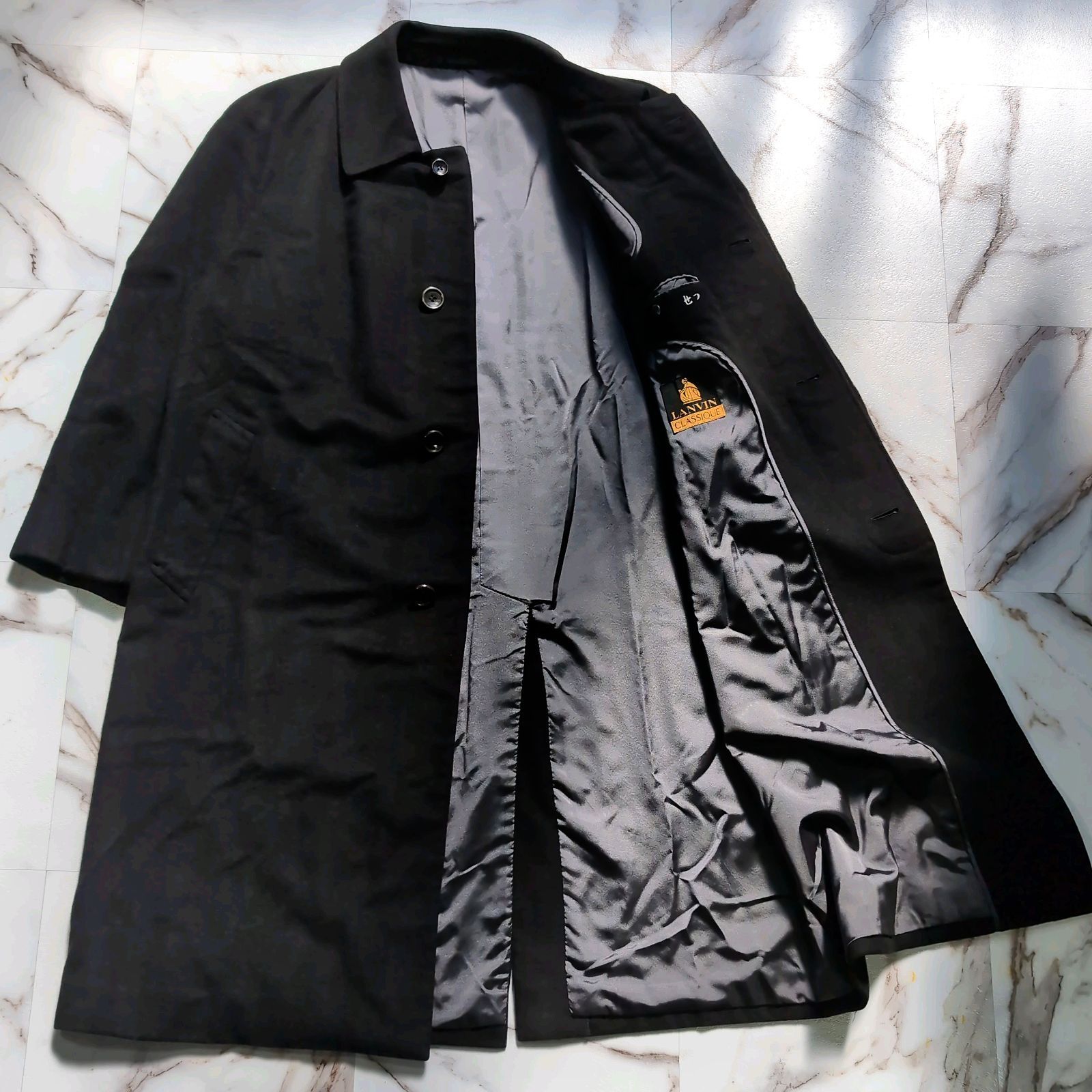 LANVIN CLASSIQUE カシミヤ80 グアナコ20 ロングコート ステン コート チェスター バルマカーンコート R48 L 黒