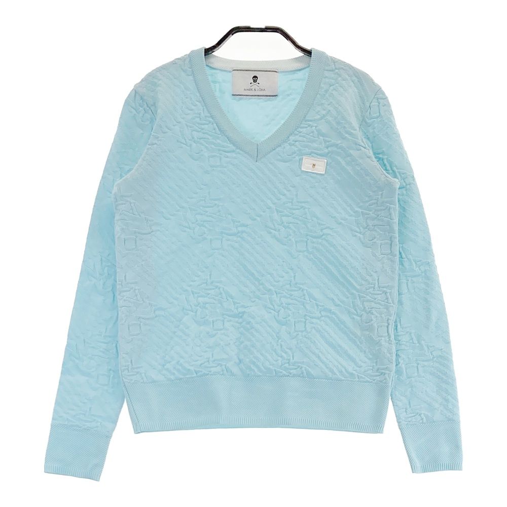 サイズ S MARK-LONA マークアンドロナ Vネック ニットセーター 総柄 ブルー系 240101555137 ゴルフウェア レディース ストスト
