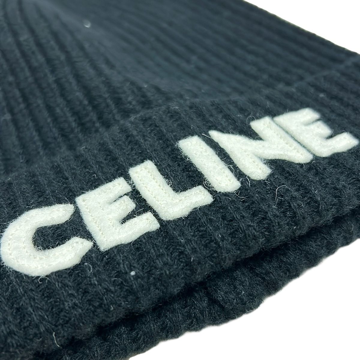  CELINE セリーヌ ニット帽 ONE SIZE 黒×白 ウール ニット帽 ビーニー 帽子