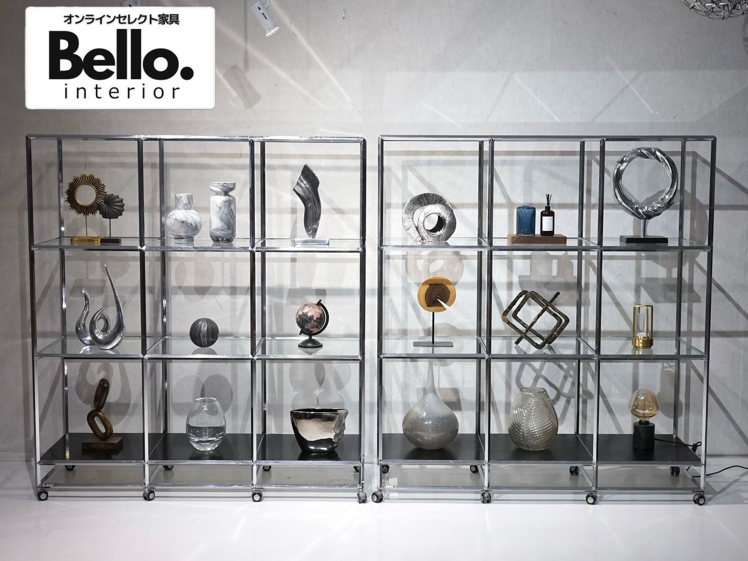 Bello Collection ディスプレイスタンド オブジェセット ディスプレイラック ガラスシェルフ ラック 棚 什器 フラワーベース 花瓶 雑貨 小物 モダン ラグジュアリー ホテルライク