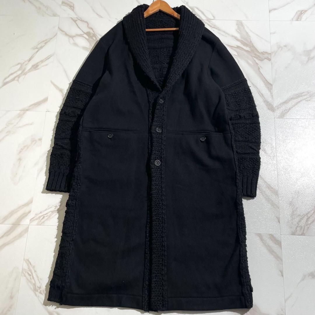 Yohji Yamamoto POUR HOMME ヨウジヤマモトプールオム 2017AW 2017年秋冬 ケーブルニット切替 切り替え 異素材ドッキング チェスターコート ロングコート ショール ウール ブラック 3サイズ L位 メンズ