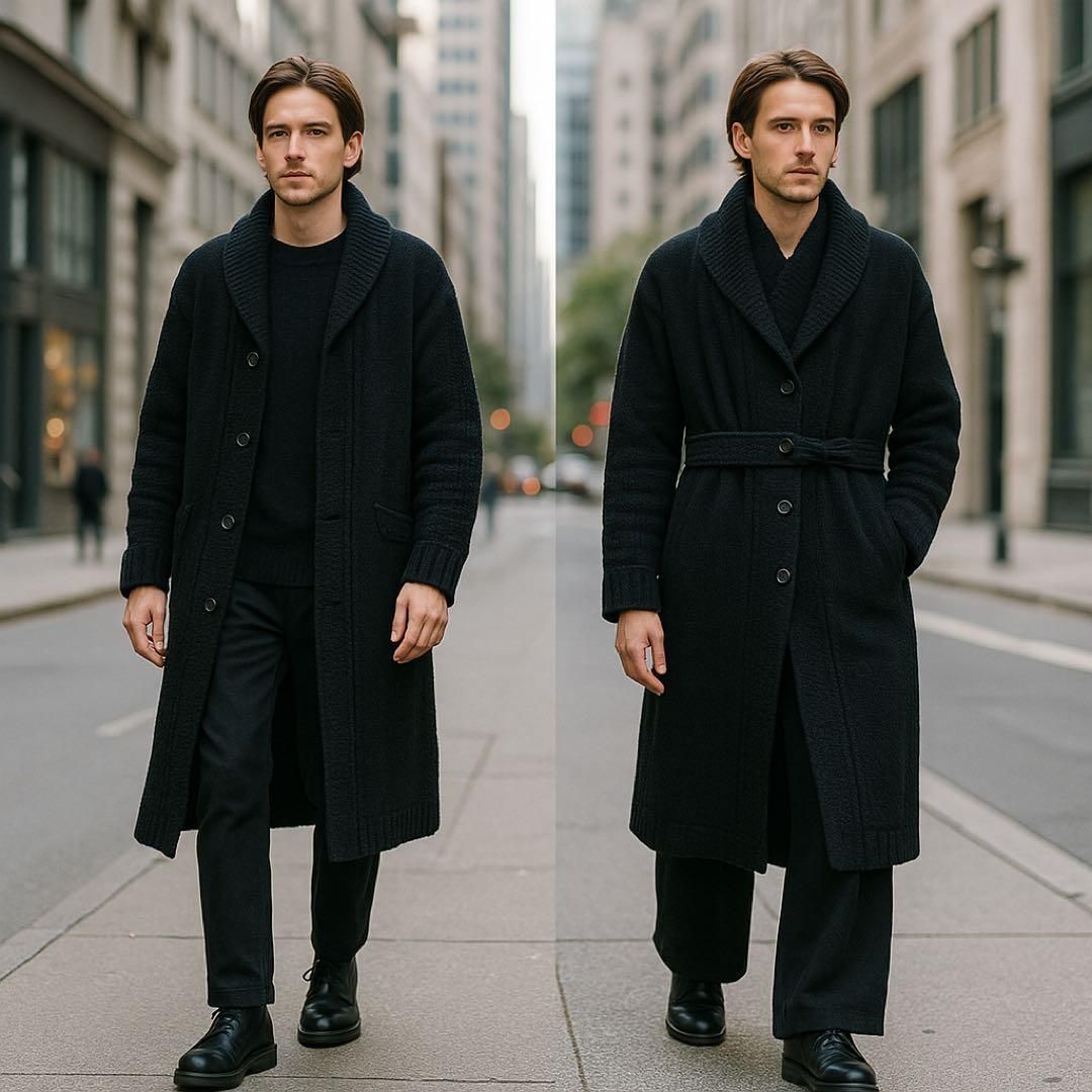 Yohji Yamamoto POUR HOMME ヨウジヤマモトプールオム 2017AW 2017年秋冬 ケーブルニット切替 切り替え 異素材ドッキング チェスターコート ロングコート ショール ウール ブラック 3サイズ L位 メンズ