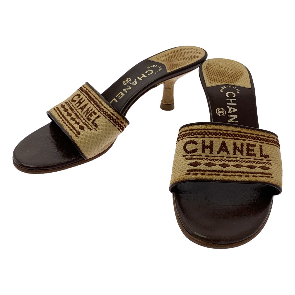 CHANEL / シャネル | レザー ロゴ ミュール サンダル | 36 | ベージュ