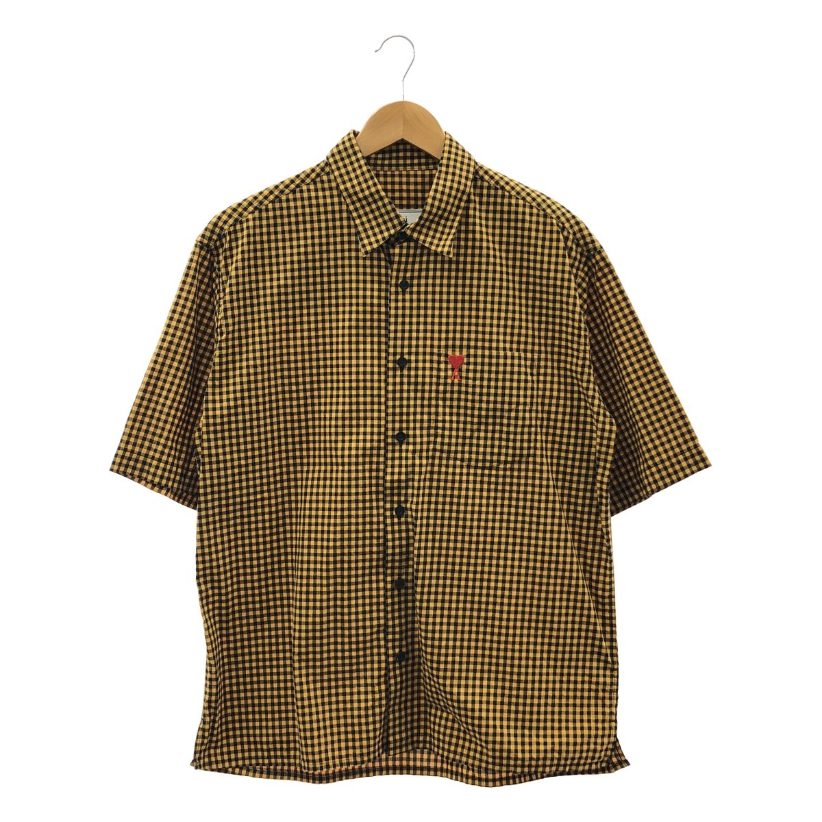 AMI Alexandre Mattiussi アミ アレクサンドルマテュッシ ギンガムチェック ロゴ刺しゅう 半袖シャツ 40 ブラウン メンズ