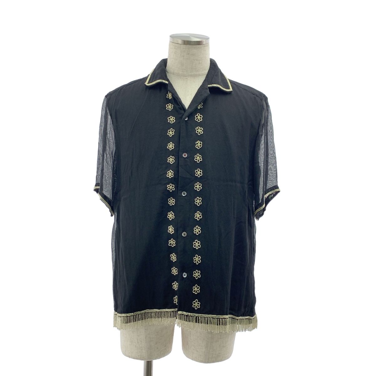 baziszt バジスト silk 100％ シルク ビジュー 装飾 オーバーシルエット オープン シャツ M ブラック メンズ