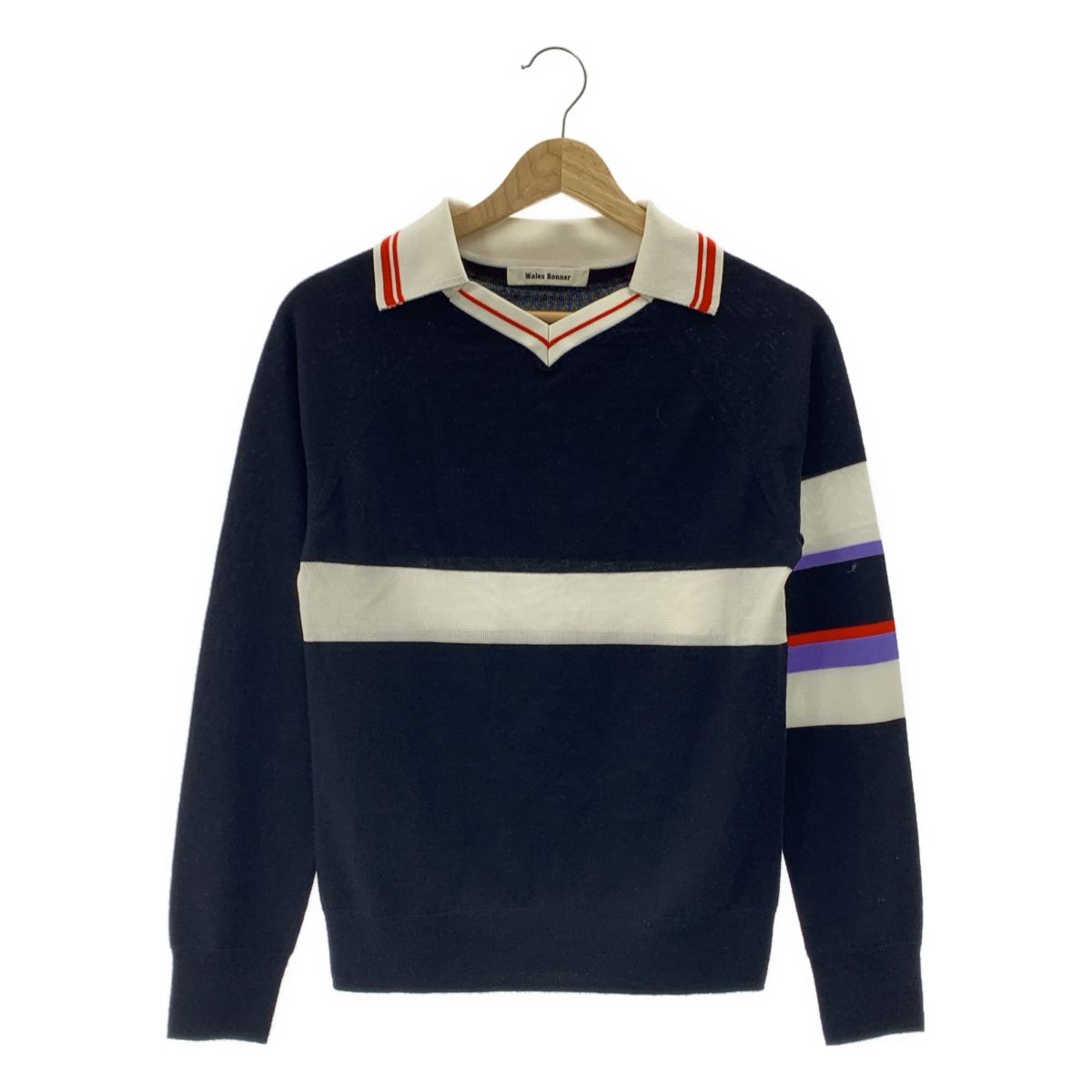 WALES BONNER ウェールズボナー ウール シルク ボーダー スキッパー ニット XS ネイビー ホワイト レッド レディース