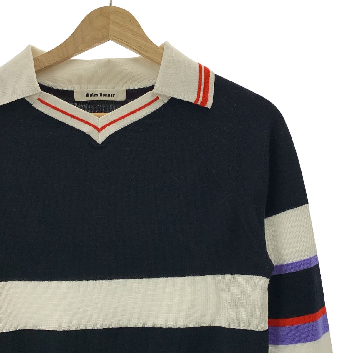 WALES BONNER ウェールズボナー ウール シルク ボーダー スキッパー ニット XS ネイビー ホワイト レッド レディース