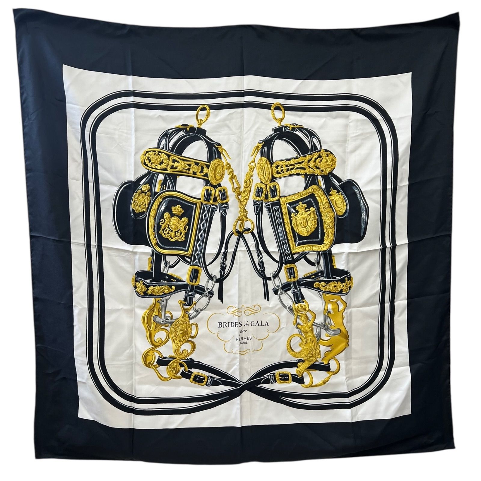 HERMES エルメス カレ90 BRIDES de GALA ブリッド ドゥ ガラ 式典用の馬勒 ホワイト ブラック
