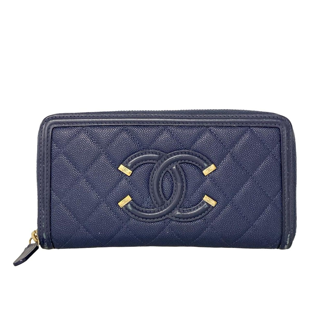 CHANEL シャネル 長財布 CCフィリグリー マトラッセ A84449 ネイビー ゴールド金具 ラウンドファスナー レザー