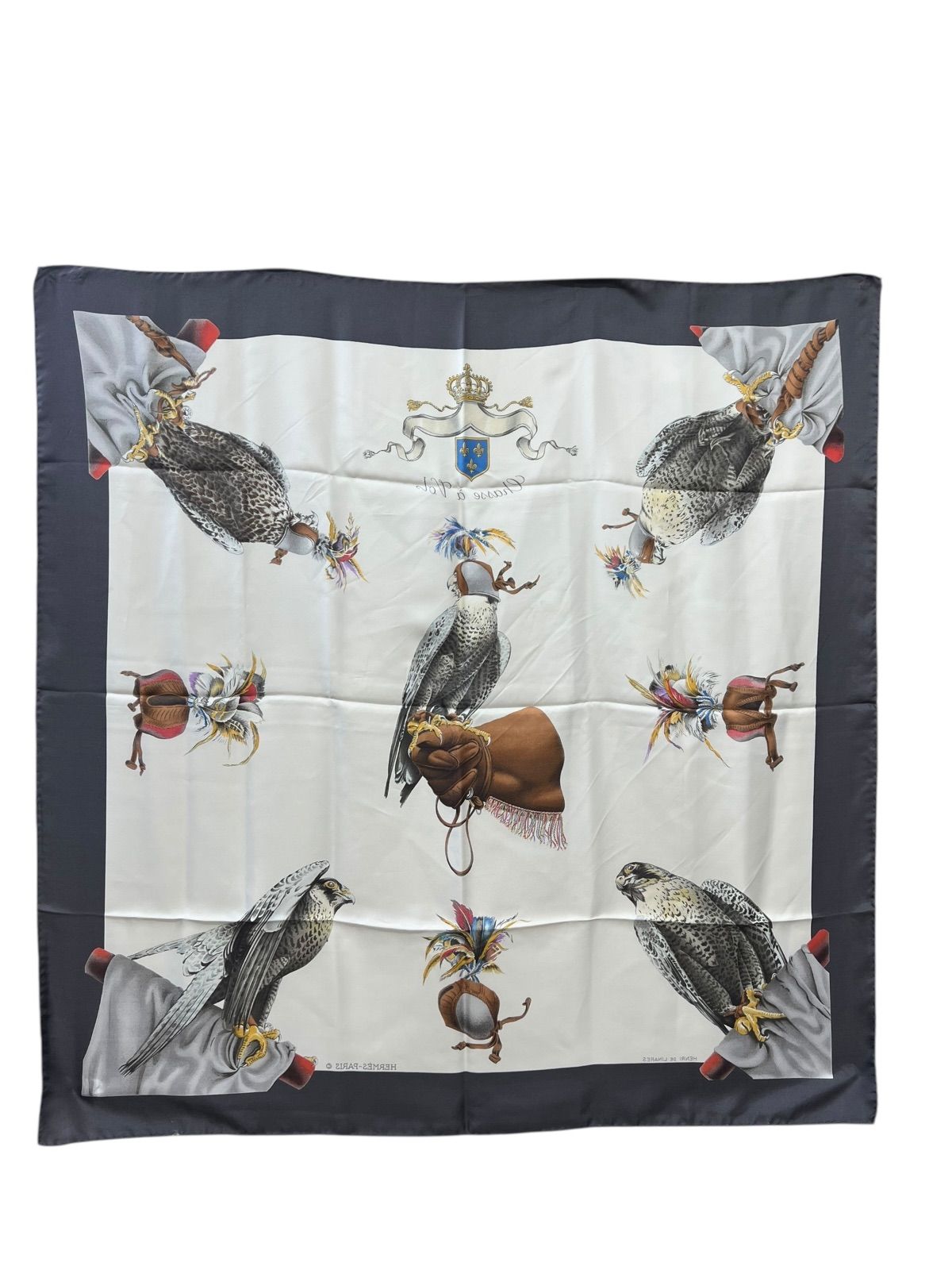 HERMES エルメス カレ90 Chasse à Vol 鷹狩り グレー