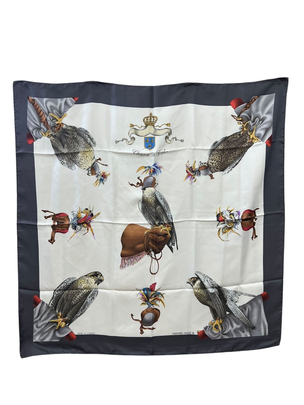 HERMES エルメス カレ90 Chasse à Vol 鷹狩り グレー