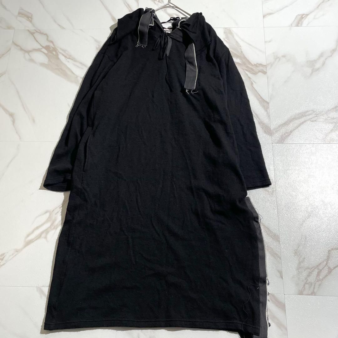 Yohji Yamamoto ヨウジヤマモト 2025AW 秋冬 背面レースアップ アシンメトリー 変形 異素材ドッキング 切りっぱなし ウール デニム ブラック 黒 ロングニットワンピース 長袖 ロング丈 Lサイズ相当 近年モデル