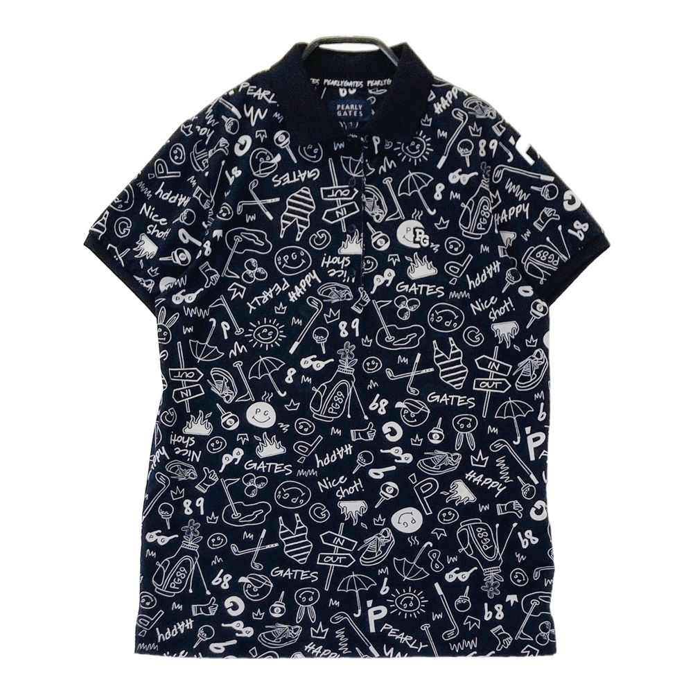 サイズ 1 PEARLY GATES パーリーゲイツ モデル 半袖ポロシャツ COOLピケ ニコちゃん PGBK 総柄 ブラック系 240101508683 ゴルフウェア レディース ストスト