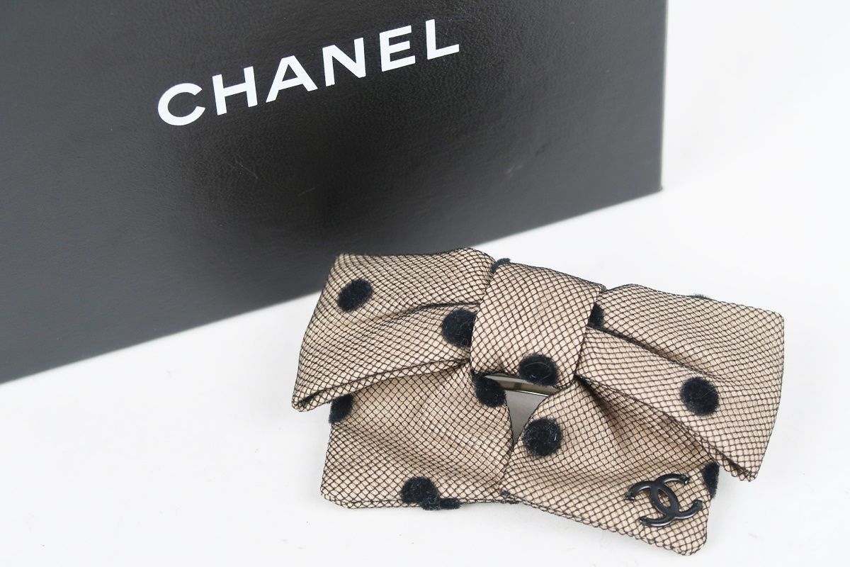 CHANEL シャネル バレッタ 髪留め リボンドット 水玉 小物 ブラウン系 SU20