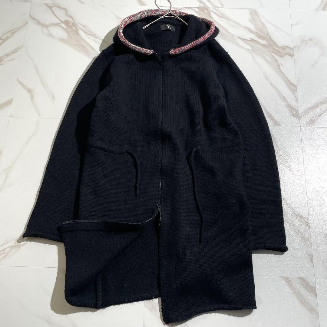 Y s for men ワイズフォーメン Yohji Yamamoto ヨウジヤマモト カラフルパイピング アルパカ ウール フーデッドコート ニットコート ロングコート フード付き ブラック 黒 Lサイズ相当 メンズ