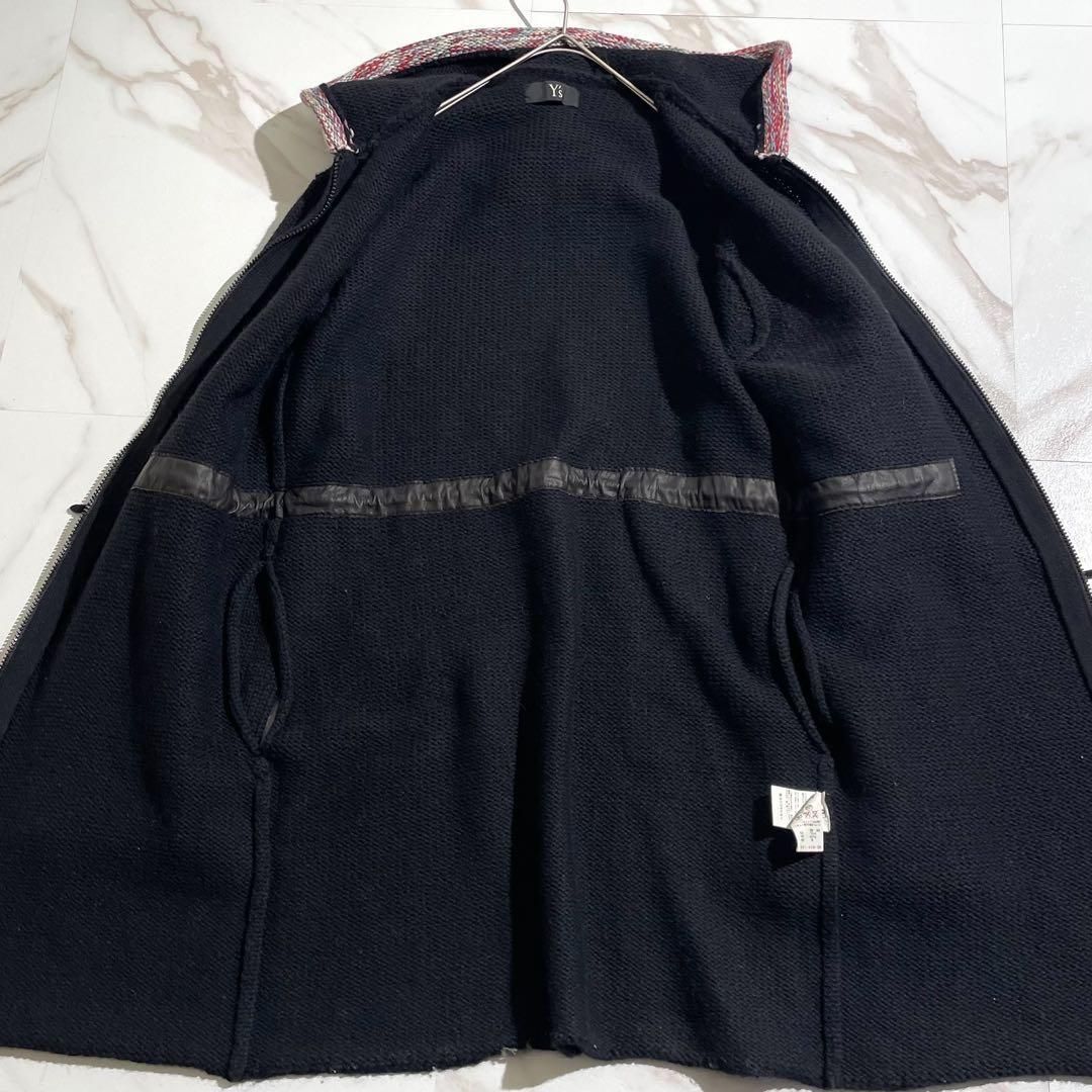 Y s for men ワイズフォーメン Yohji Yamamoto ヨウジヤマモト カラフルパイピング アルパカ ウール フーデッドコート ニットコート ロングコート フード付き ブラック 黒 Lサイズ相当 メンズ