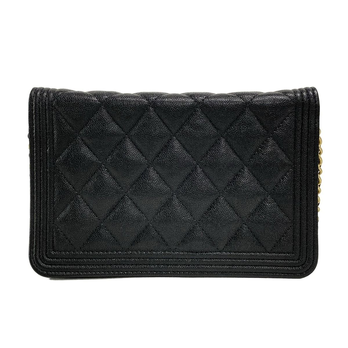 CHANEL シャネル 財布 ボーイシャネル マトラッセ 黒 チェーンウォレット マットゴールド金具