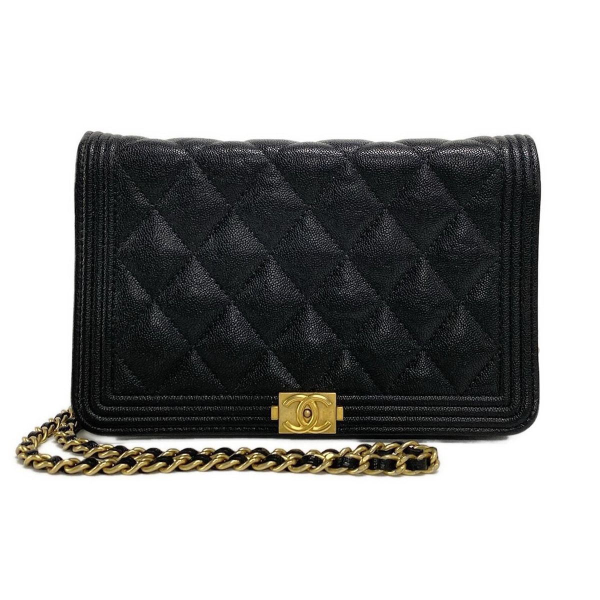 CHANEL シャネル 財布 ボーイシャネル マトラッセ 黒 チェーンウォレット マットゴールド金具