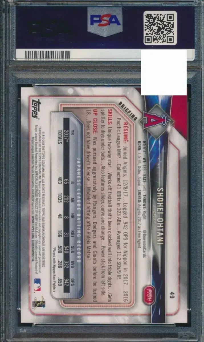 2018 Bowman 大谷 翔平 PSA 10 カード
