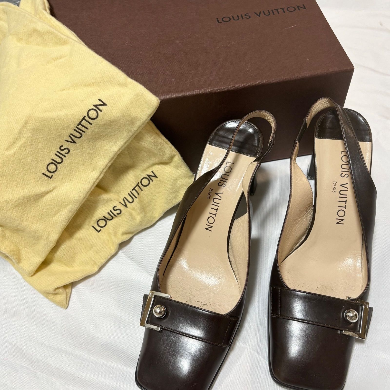Louis Vuitton ルイヴィトン パンプス ダークブラウン スクエアトゥ バックストラップ 36 1 2 約23.5 cm 品 き