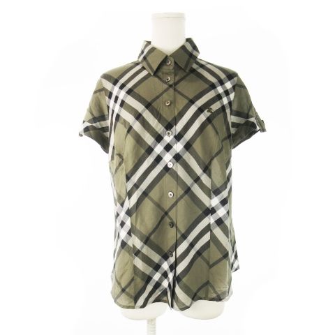 バーバリー ロンドン BURBERRY LONDON シャツ レギュラー 半袖 透け感 ノバチェック ロゴ刺繍 ロールアップ 44 L 緑 カーキ CK20 GY99