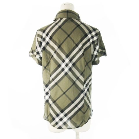 バーバリー ロンドン BURBERRY LONDON シャツ レギュラー 半袖 透け感 ノバチェック ロゴ刺繍 ロールアップ 44 L 緑 カーキ CK20 GY99