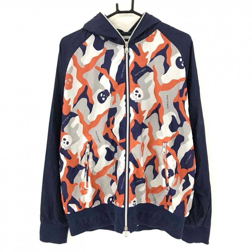マークアンドロナ ジップパーカー ネイビー 白 オレンジ 身頃カモフラ スカル 裏起毛 迷彩 メンズ XL ゴルフウェア MARK＆LONA