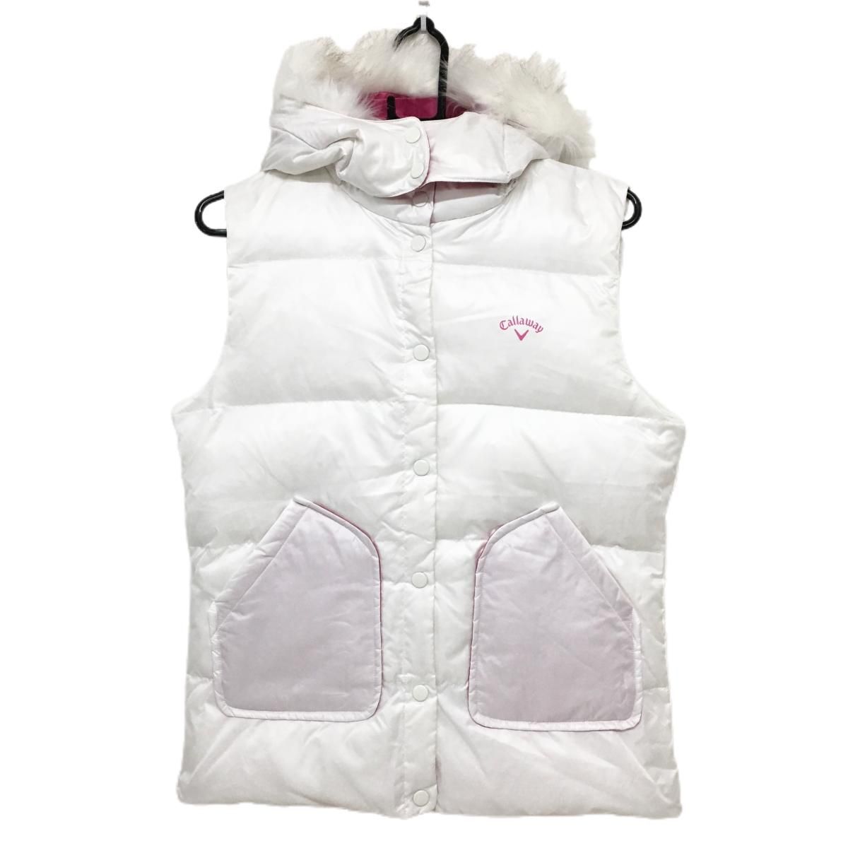 キャロウェイ 2WAYダウンベスト 白×ピンク フード ファー着脱可 チャイニーズラクーン レディース LL ゴルフウェア Callaway