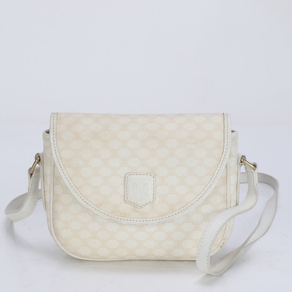 極美品 セリーヌ マカダム ホワイト レザー ショルダーバッグ 斜め掛け