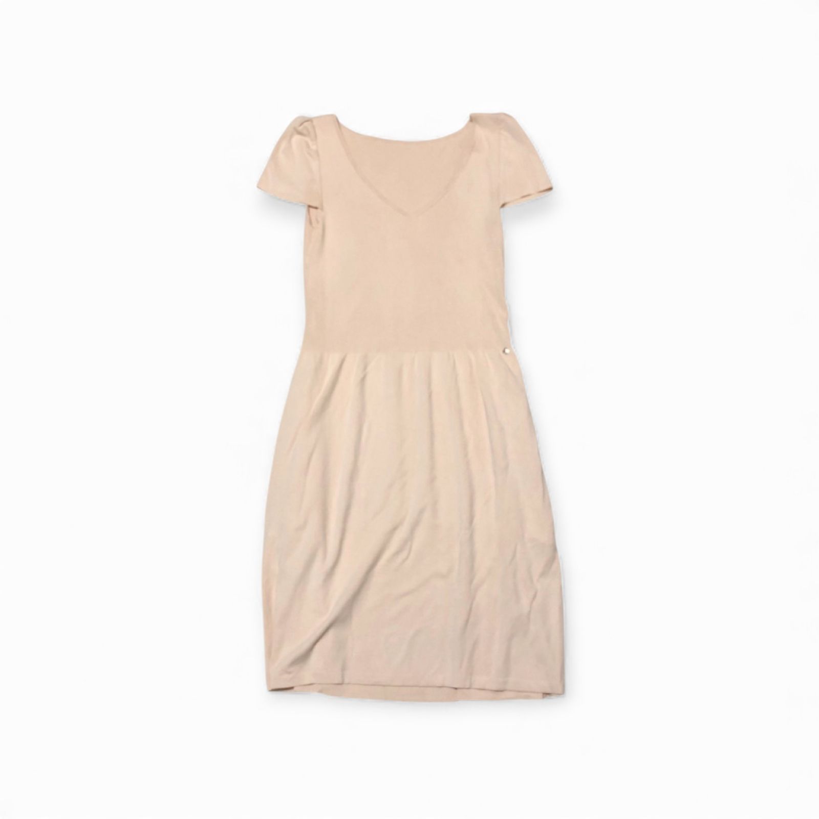 FOXEY NEW YORK フォクシー リブニットワンピース 半袖 ロング アクリル キュプラ チャーム付 ピンク サイズ38 ストレッチ ポケット2つ有